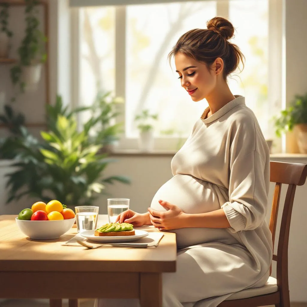 Donna incinta che gestisce il bruciore di stomaco in gravidanza con alimentazione sana