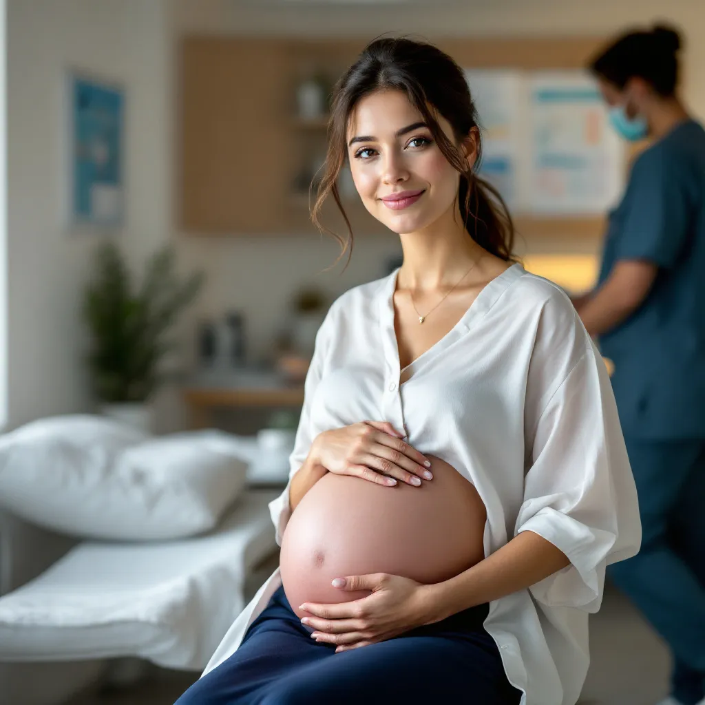 Donna incinta serena durante visita medica per perdite in gravidanza