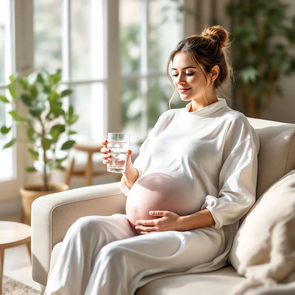 Donna incinta che beve acqua per prevenire pressione bassa in gravidanza