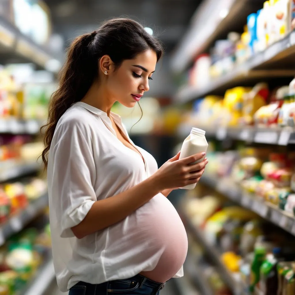 Donna in gravidanza legge etichetta mozzarella al supermercato