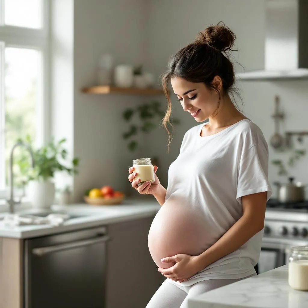 Donna incinta che legge etichetta maionese in gravidanza per sicurezza alimentare