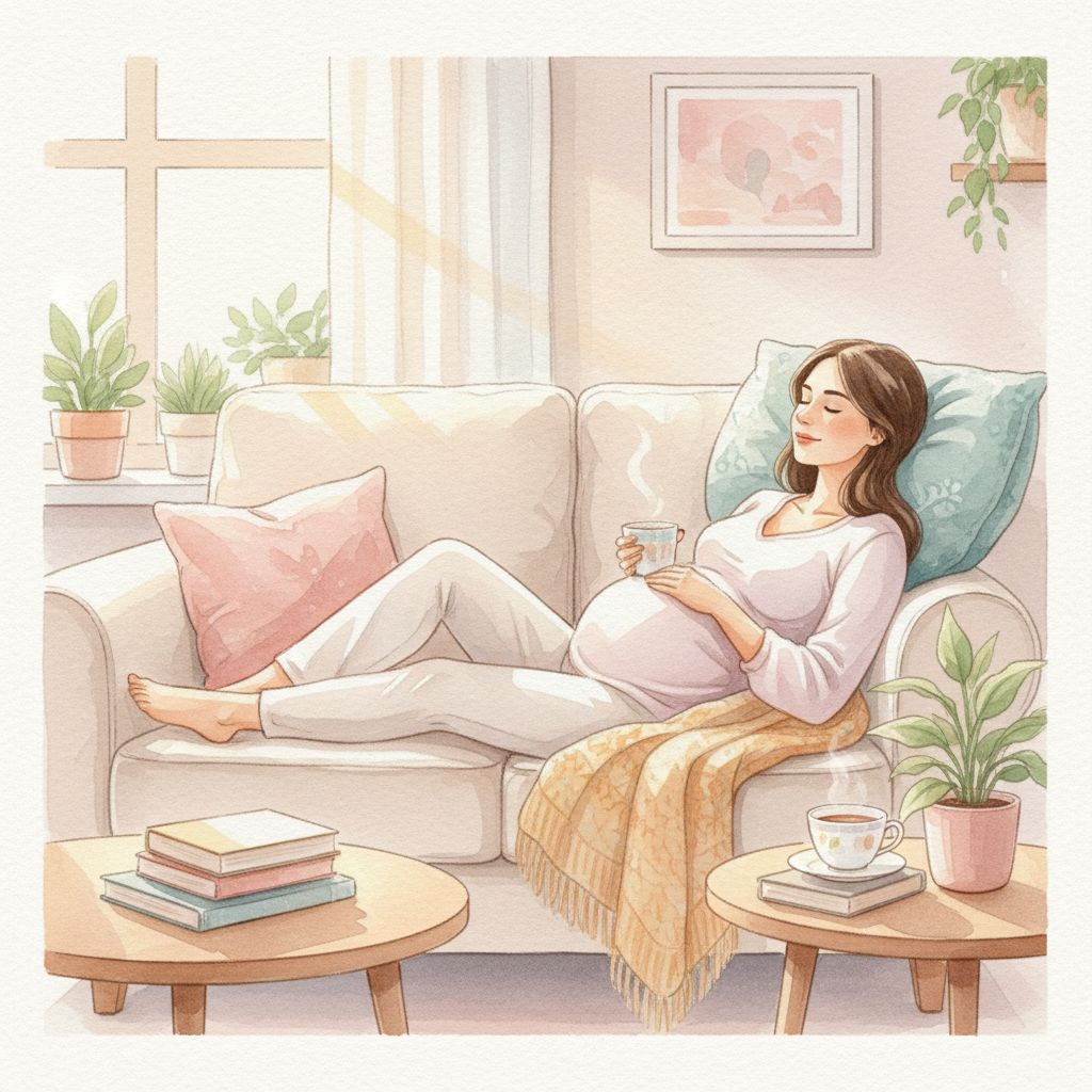 Donna in gravidanza che riposa per gestire i sintomi inizio gravidanza