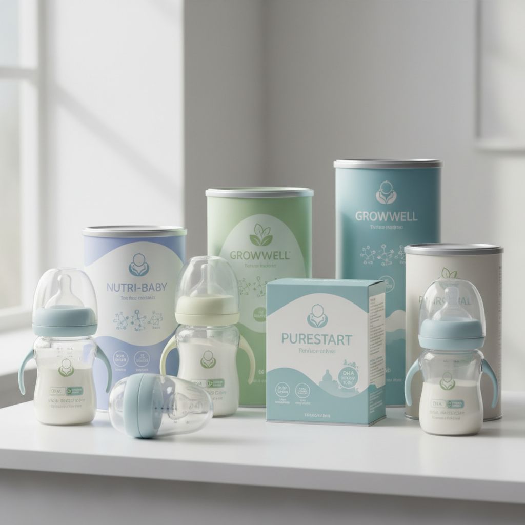 Diversi tipi di latte artificiale per neonati in confezioni moderne